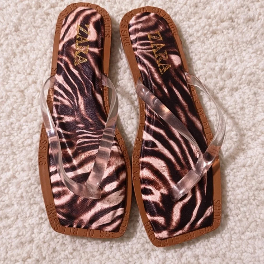 ZARA Zebra Print Flip Flop Sandals Clear Strap Thong Slides Size 41 / US 10 - Picture 2 of 6